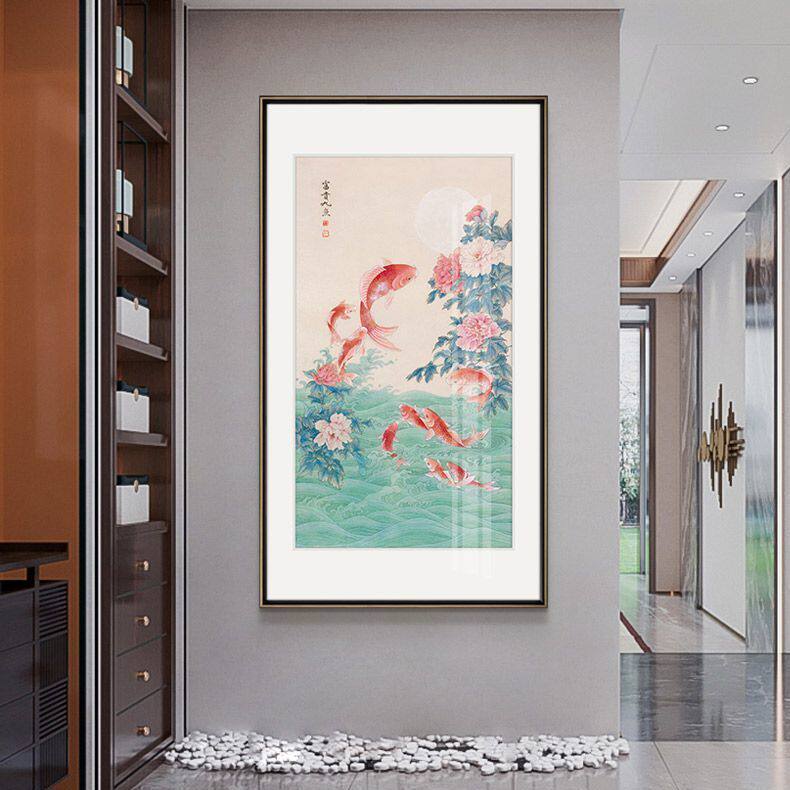 富贵九鱼图新中式玄关画荷花入户迎门画竖版装饰画牡丹挂画工笔画