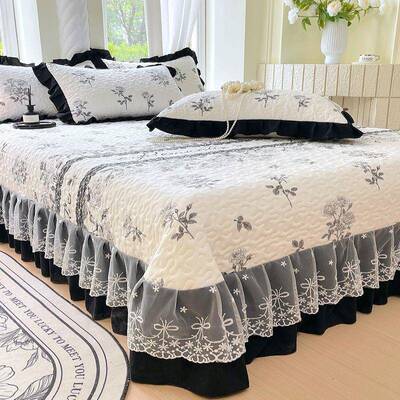 枕韩版云朵水洗棉床盖套三件套主花上边夹棉公风床用品轻VAM奢可