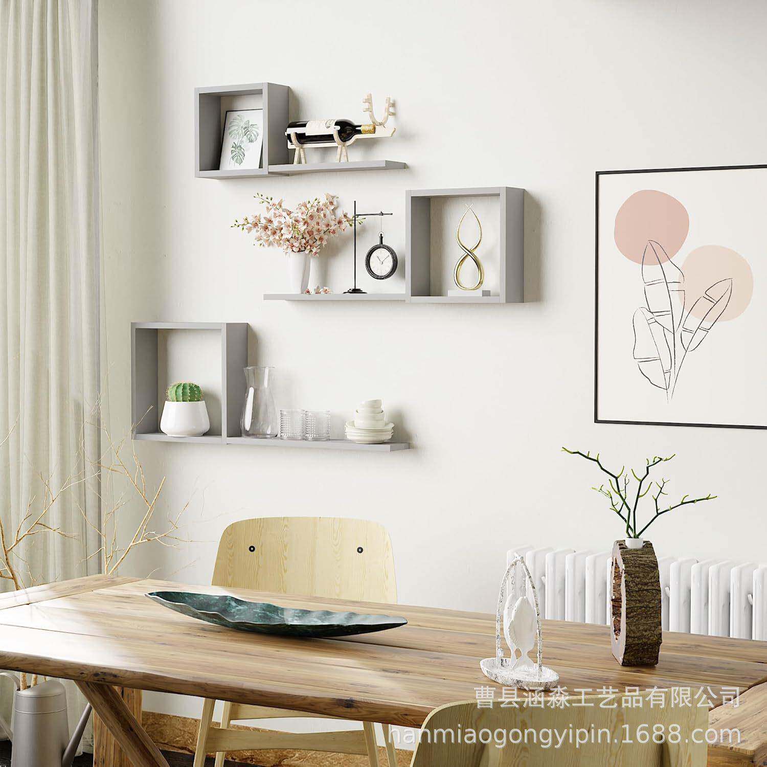 木质形浮0412动搁壁挂6件套实木立方板体架架墙壁装饰几何方置物