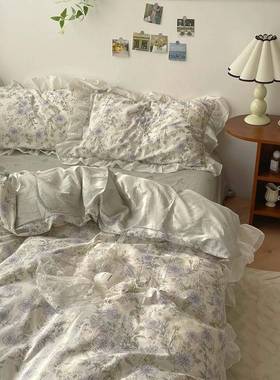 法式1复古白色花25097边被套四件套公纯主风.51.8m公寓棉碎花m床