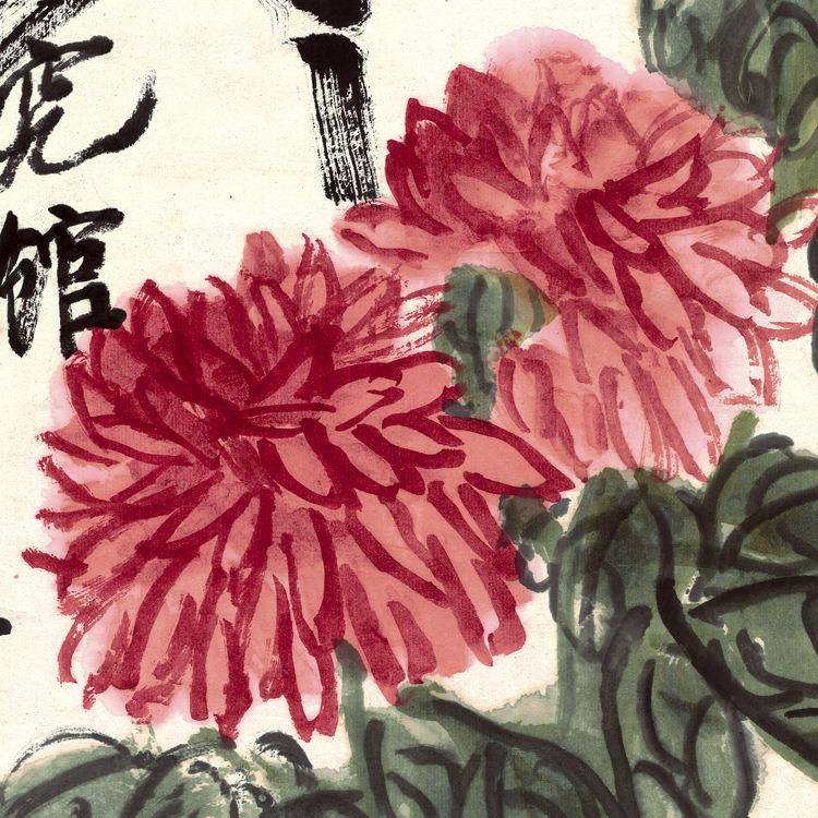 字齐菊白石红图卷轴挂画画仿JWN古复制品花鸟画名人画玄关书房装