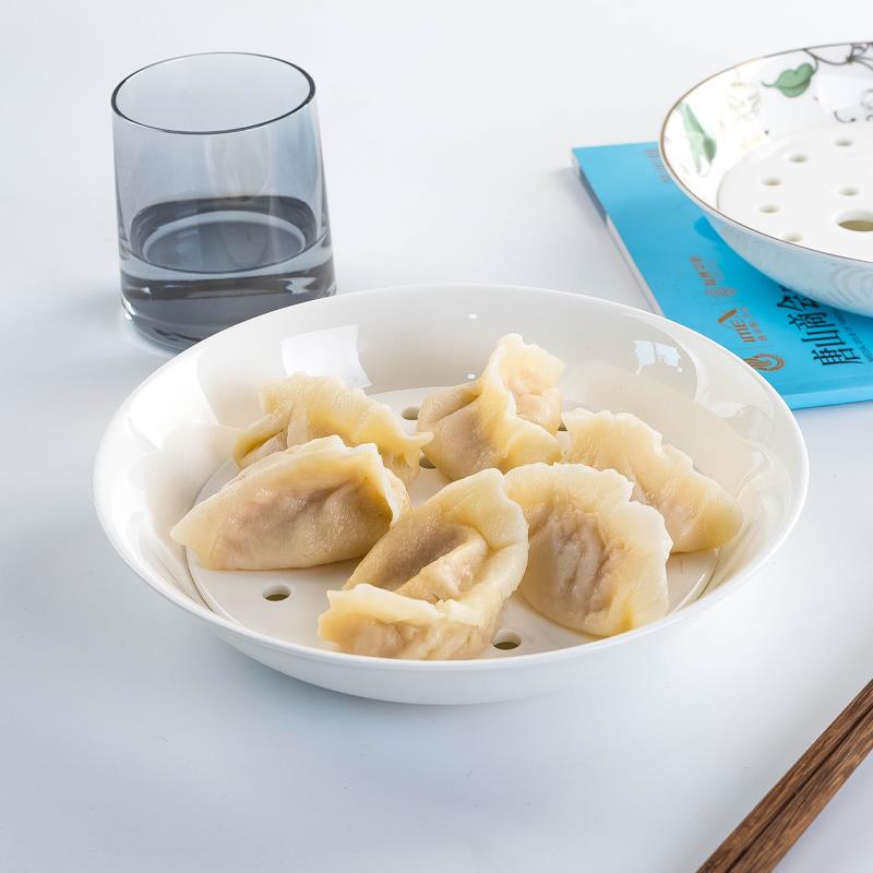 生双层沥骨瓷饺子盘餐具圆形家水用陶瓷水饺盘餐谋两盘用深ltao64