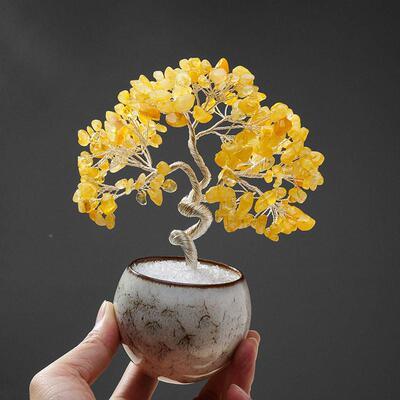 然天窑水晶发财树摆件晶海蓝宝黄水碎59311石变茶盏底座聚宝盆桌