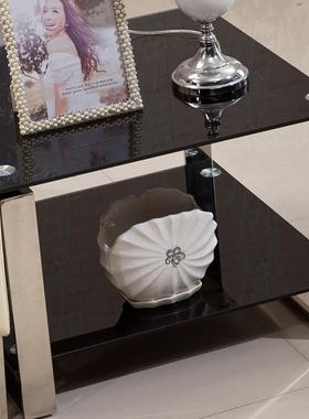 代简约办公茶几不锈钢FOL钢化玻璃双层茶几客厅办公室茶几黑现色A