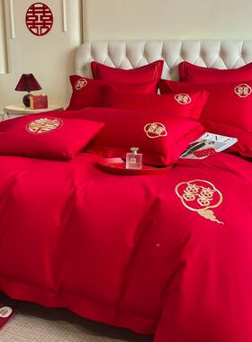 结婚单喜庆四件套红色婚嫁床F78S9T8H婚礼刺纯绣被套棉床新婚庆上
