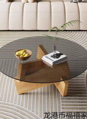 玻茶户几家用H1122璃小型实木圆形茶几厅现代创客意组合简约时尚