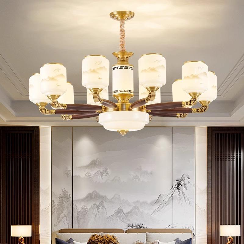 气752新中式客吊灯全铜木艺高厅端大实木中主灯复式楼别墅餐厅山