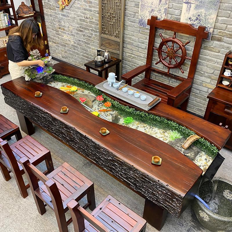 老船木茶桌椅组合实木新中式泡茶台客厅禅意流水养鱼茶几鱼缸茶台