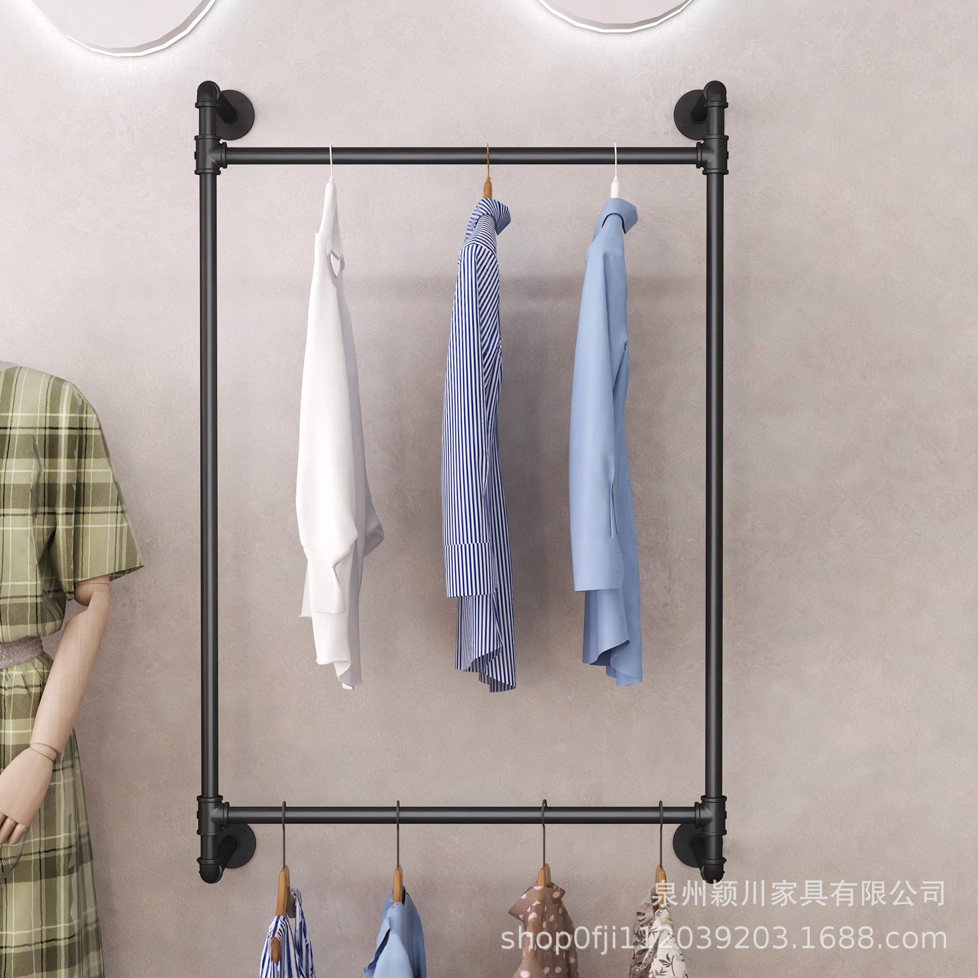 跨境复古工业风金属衣帽架简约双层壁挂式衣帽架阳台双层晾衣杆