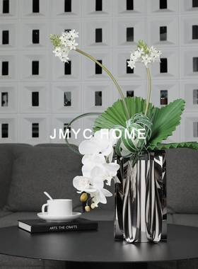 代简现风饰格金属不约锈MIL钢花瓶样板间家居客厅茶几桌面插花品