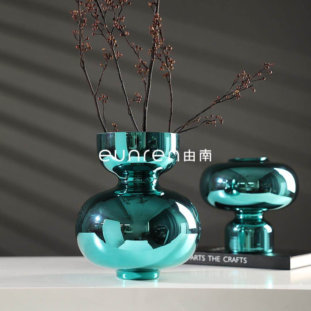 代简花约创意镜面玻客璃插花花VUS器摆件样板房现间厅桌面瓶软装