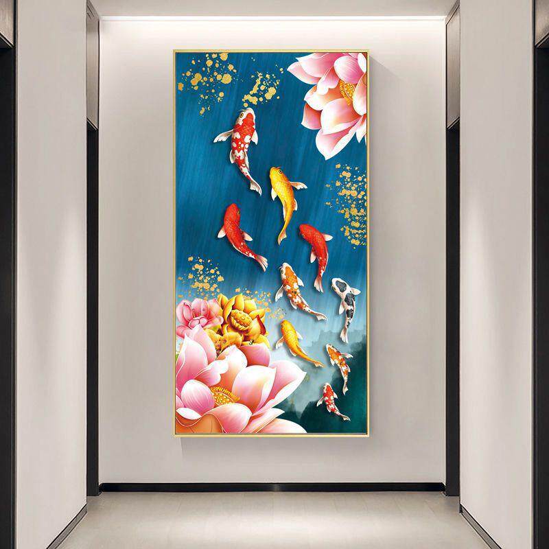 荷九鱼花图十字新DX1162款满绣客厅玄关竖版绣幅自己大手工线绣