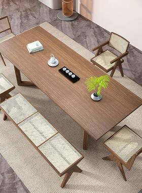 全长实木原木泡茶厅IMD桌椅组合现代简约大板茶台家用客办公桌木