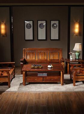 中发式全实木沙具发123组合仿古雕花冬夏两沙UEB客厅家用香樟木沙
