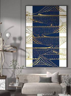 新式轻客关厅玄装饰画蓝色抽象建筑金色屋EM-1357檐中背景墙壁竖