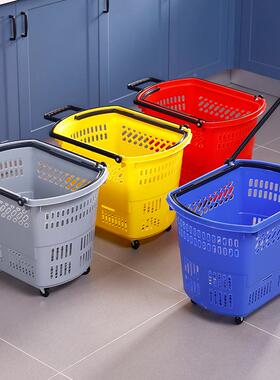 超市拉料杆滑轮塑物购篮买菜手市提篮子便利店零食购物筐加F96768