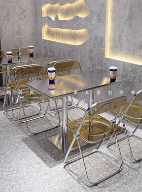 咖啡店奶茶甜品店桌烘椅工业风不锈钢透明折蛋椅网叠红焙糕XJV店