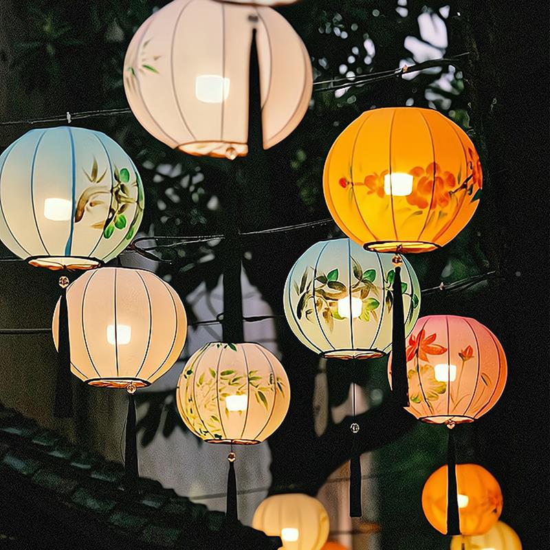 新中式形JXQ灯笼古典布艺彩色手圆绘吊灯装火锅店商场户饰外灯笼