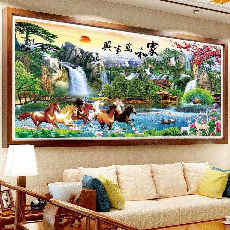 家和款万事工兴十字绣自己绣新客厅手KCY线绣到马成功风景八骏图