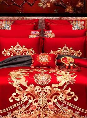 纯棉婚礼庆大红色四件套刺绣结c婚陪嫁妆被FS756225新单喜庆房龙