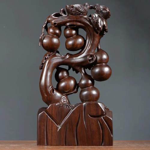 黑檀实木刻雕五临葫芦摆件福门禄家居装饰XLZ直销新福中式