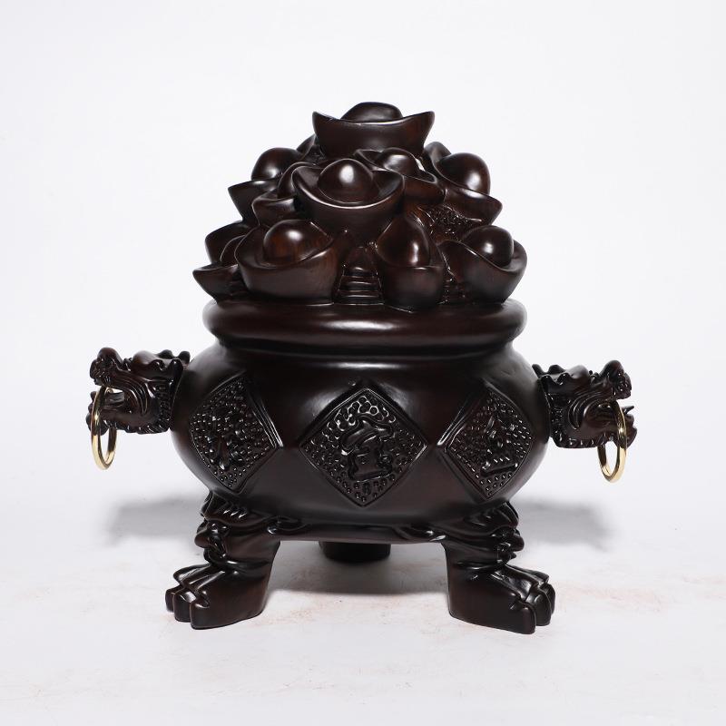 黑檀木宝雕刻聚盆摆件木质雕刻工送艺品居办聚宝盆家公桌装饰品开