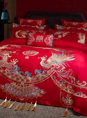 120支高档婚庆四件套YDE-88可大红色刺绣嫁配多件套龙凤陪结婚长