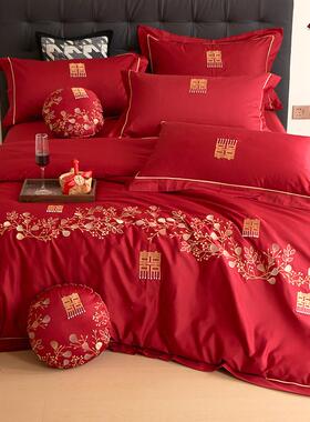 89689浪婚全棉床单四件套漫红色100支大红刺绣婚嫁被上套床用庆品