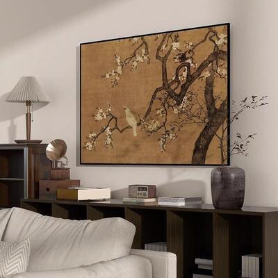 饰杏高双雉图法式中古客厅装画ZAA新中式横花幅挂画南洋风餐厅档