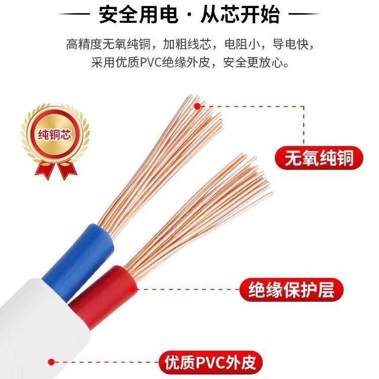RVV平行护套2芯0.5电/0.75/B1/1.5/2.5平154方电源控制芯线无氧铜