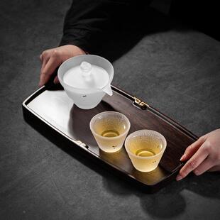 停小栖整块实茶木盘黑檀木镶铜茶台茶LAY室干泡盘托盘壶木承整茶