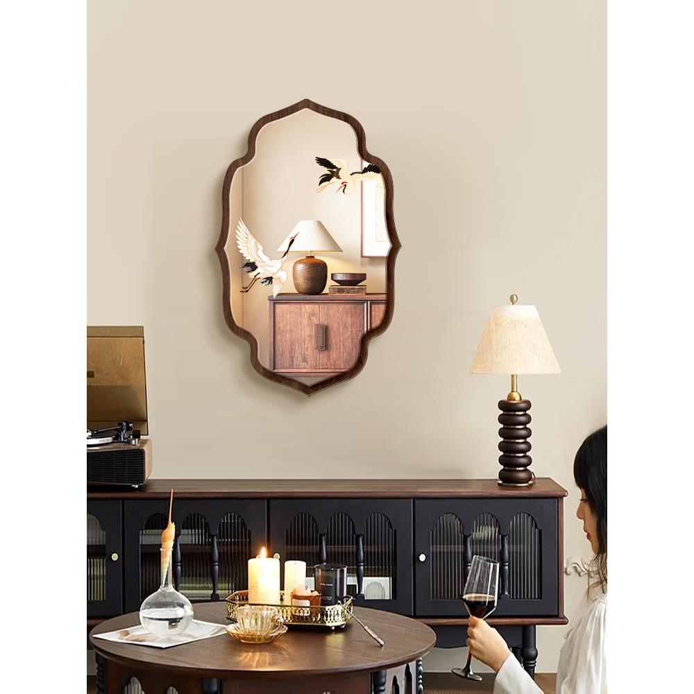 中古客厅镜子装饰画创意小众边柜风云鹤清梦镜面画法式复高古级感