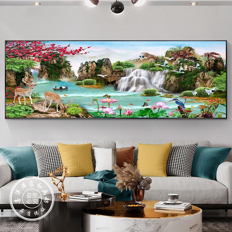 中式生客厅沙发XRX背景墙装饰画大山气流水财水风景壁画单幅横挂