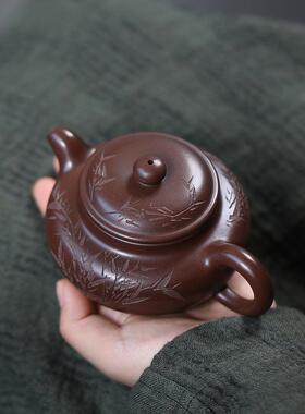 宜兴中紫砂壶纯源头原矿手工刻竹叶XLC仿古壶式茶具绘礼品壶