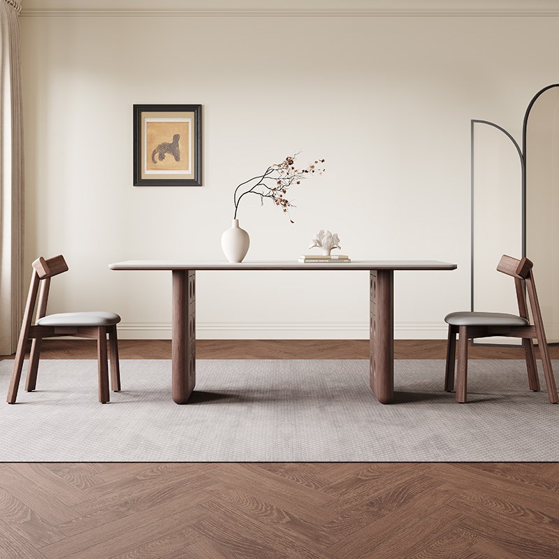 中古风实木餐桌现代简约胡桃色家D用新款复古长方形木纹岩板餐桌