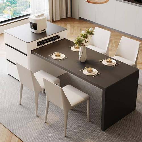 现代简约移动岩板岛台餐桌一体可伸缩多功能奶油风中岛台餐桌椅子