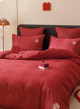 婚庆中式提花肤长绒棉嫁四亲件床套红色床单MPH结婚陪被套上用品