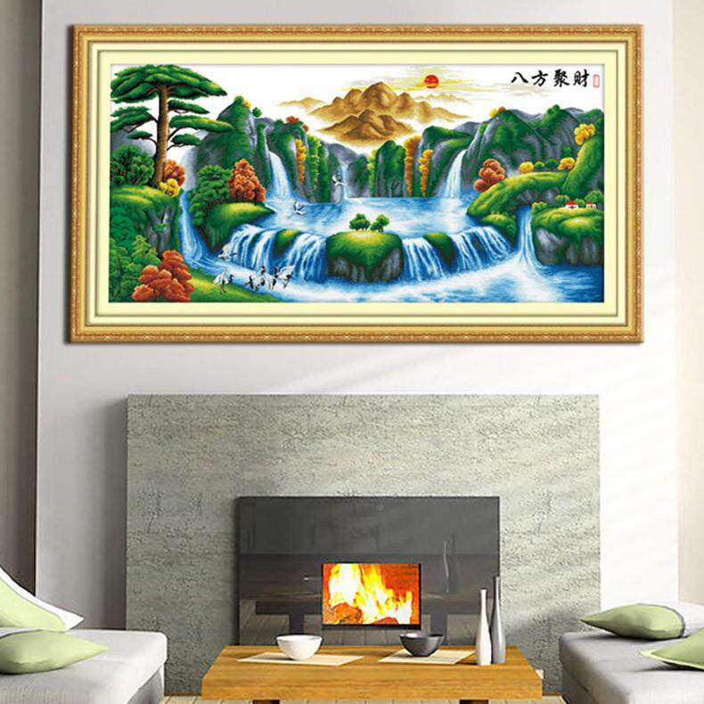 青飞八方聚财聚宝十字绣迎招进宝ESN财客松客厅山水风景钻石盆画