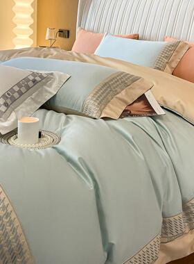 轻奢风100支套全棉长绒棉千YNK四件纯棉鸟格绣被套床笠1.8床上花