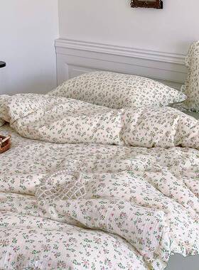 ABOI类花温古柔复田双园层皱皱纱绿色小碎床上四件套全纯棉1.5m1.