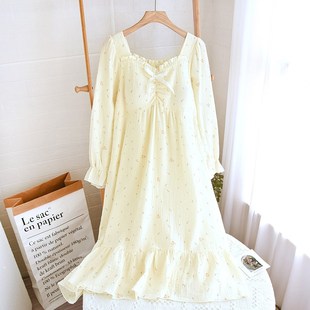 带胸垫纯棉纱布长袖睡裙女生春秋薄款中长款连衣裙夏季甜美公主风