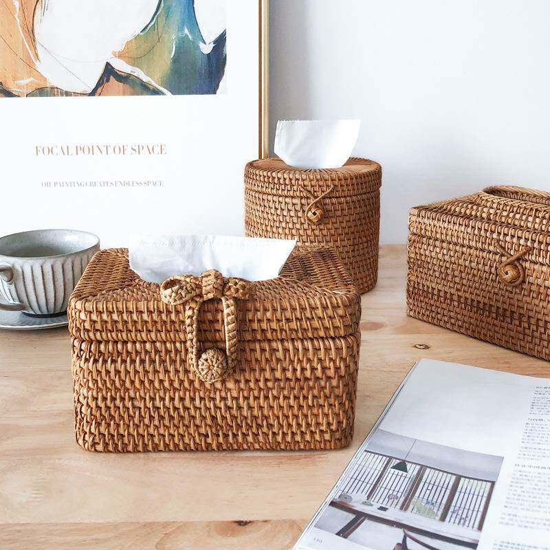 藤编纸巾盒欧式客厅抽纸盒美式茶几复古卷筒纸收纳盒摆件