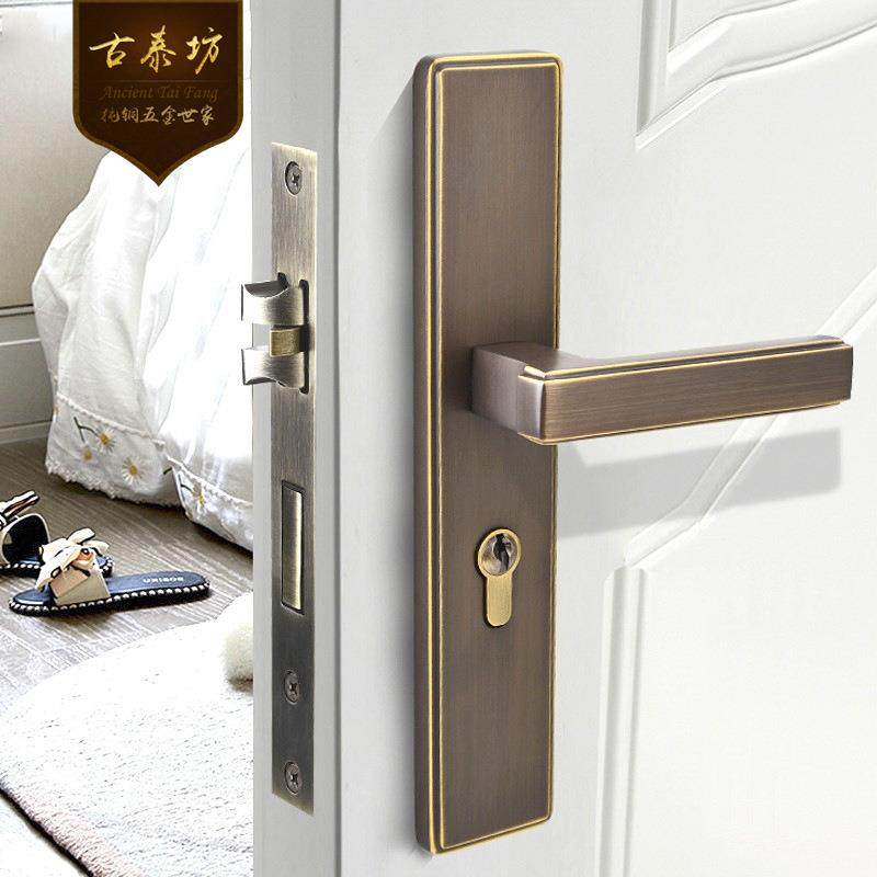 中古风全铜门锁简约美式纯铜卧室门锁室内静音房间门锁新中式