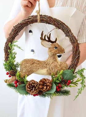 NUCHI圣诞麋鹿藤圈花环门挂花店商场连锁店铺圣诞装饰布置