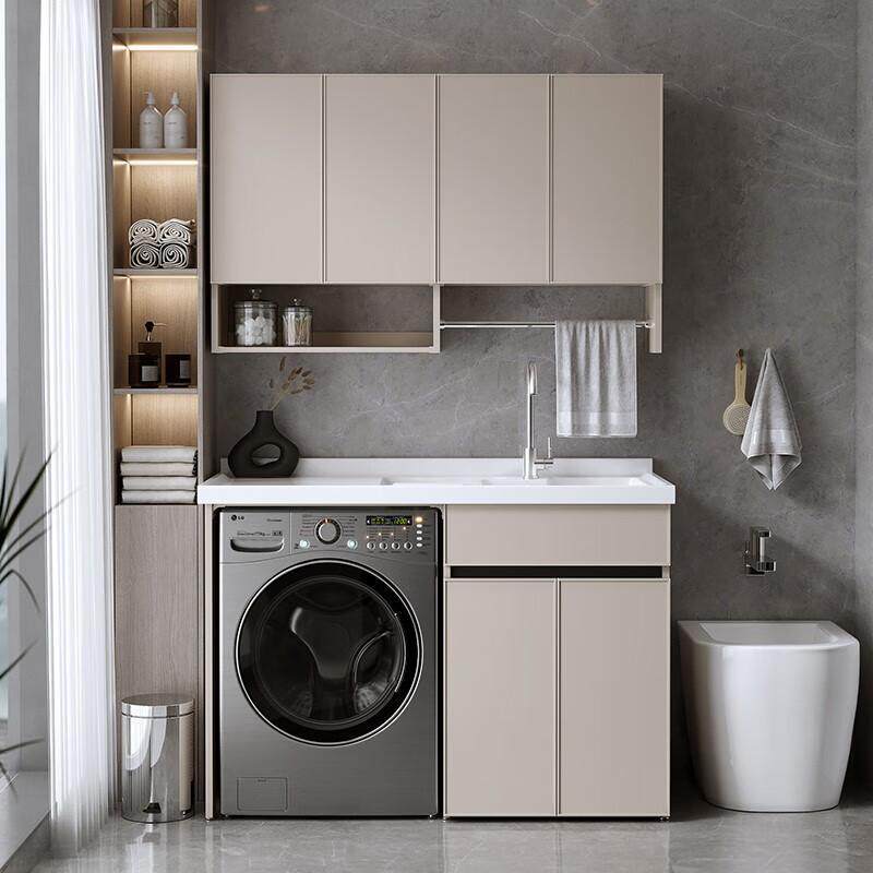 阳台蜂窝铝洗衣机柜石英石搓衣板一体盆落地式洗手台可带吊柜切角