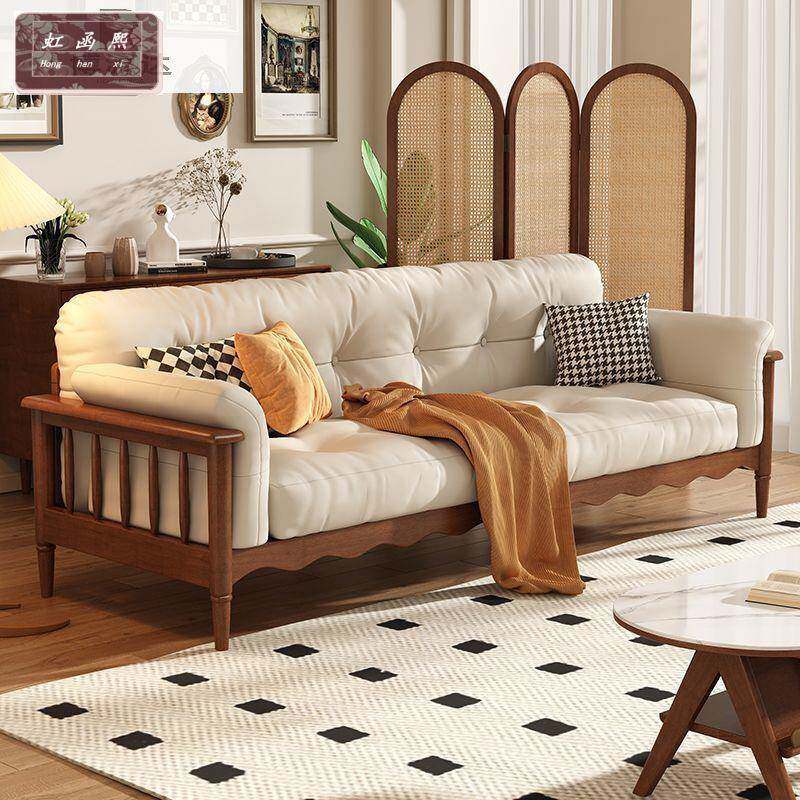 复古风实木沙发云朵小户型直排沙发中古布艺沙发三人位奶油沙发