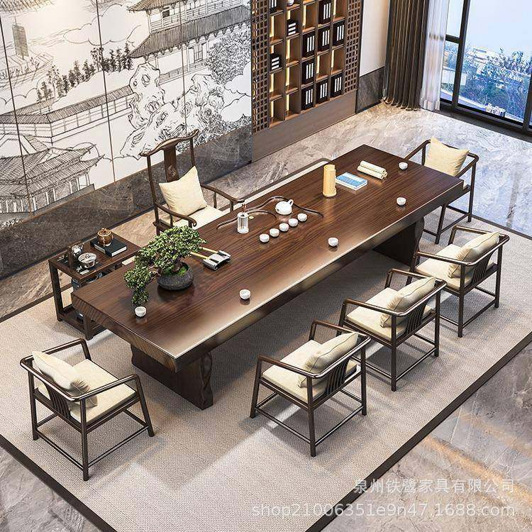 中式实木茶新桌办公室大茶台客厅家用高泡端轻PUO奢板现代茶桌椅