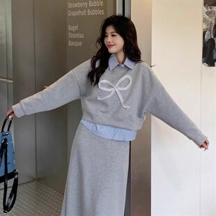 大码胖mm长袖polo领条纹拼接假两件卫衣高腰包臀半身裙两件套装女