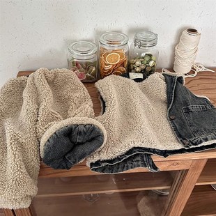 暮晨家新款冬装2024男童羊羔毛牛仔马甲儿童加绒加厚直筒裤两件套