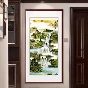 聚宝盆山水画挂画进门玄关画竖版八方来财装饰走廊过道壁画办公室